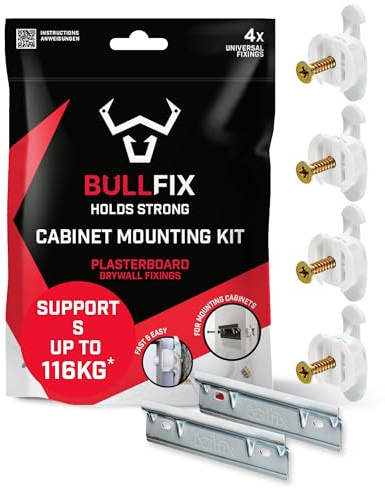 Bullfix Kit di montaggio per armadietti, fissaggi in cartongesso resistenti per armadi/armadi, 4 fissaggi universali Bullfix e 2 staffe, kit di montaggio per armadio da cucina/mobile da bagno