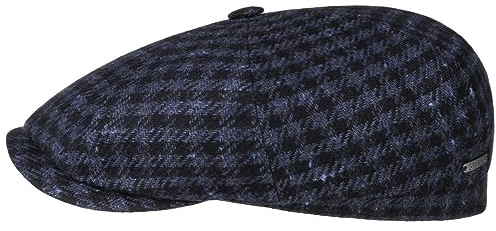 Stetson Hatteras Arminto Flatcap Karierte Schirmmütze Hahnentrittmuster Baumwollfutter Herren Handarbeit Made in Germany Herbst Winter dunkelblau 59 cm