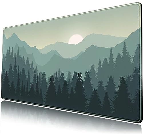 Skogsskrivbordsmatta grön stor XXL musmatta, utökad stor spelmusmatta, solnedgång, berg, landskap, natur, skrivbordsdyna, musmatta, skrivbordsmatta, dator, skrivbordsmatta 80 x 40 cm