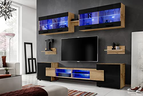 Komodee, Wohnwand Wohnzimmerset RTV Foggia, Front in Schwarz Hochglanz/Karkasse in Wotan Matt, Breite 230cm x Höhe 195cm x Tiefe 35cm, LED RGB, für Wohnzimmer, Schlafzimmer