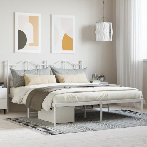 Hovothy Bettgestell mit Kopfteil Metall 160x200 cm Stauraumbett Gepolsterter Plattformbettrahmen Einzelbett Schrankbett für Schlafzimmer Gästezimmer Weiß Metallbett