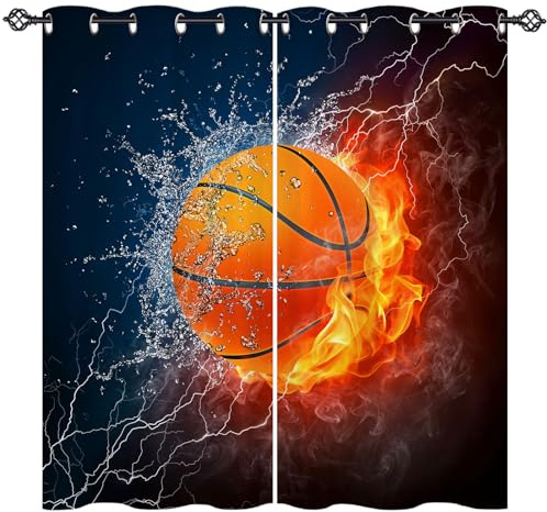 ANHOPE Sport Thema Flamme Basketball Vorhänge mit Ösen Kinder Jungen Mädchen Gardinen Blickdichte Thermo Vorhang Blackout Curtain Schlafzimmer Wohnzimmer Verdunklungsvorhänge 2er Set H 138 x B 117 cm
