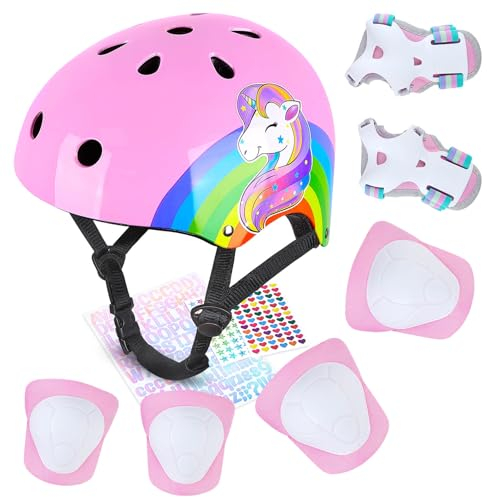 MHJY Helm Kinder Fahrradhelm für 3 4 5 6 7 8 Jahre Mädchen Verstellbar Skaterhelm Knieschoner Ellenbogenschützer Schoner Inliner Kinder Für Skates Rollschuhe Skateboard Fahrrad