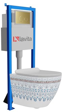 lavita Lavita LAV 101 elemento de pared para inodoro 40 cm + inodoro suspendido suspendido SOFI SLIM FOLKLOR cisterna sin borde + panel de control LAV 200.4.5 oro | Conjunto completo | Cisterna empot