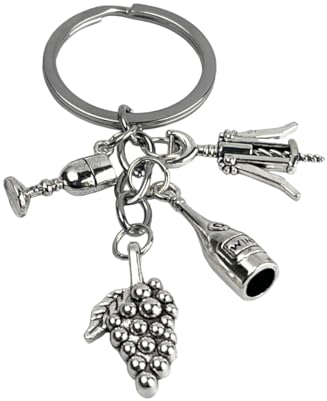 Porte-clés bouteille de vin - Porte-clés de bouteille de vin, verre à vin, décapsuleur ou décapsuleur et grappe raisin - Accessoire vin rouge, blanc pour amateurs de vin, verres... - Unisexe pour