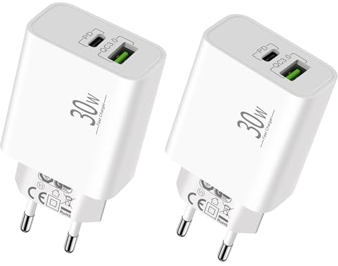 USB C Prise 30W 2-Port USB-C/A 2-Pces, Adaptateur Secteur USBC Chargeur Rapide Compatible avec iPhone 17/Air/16/15/14/13/12/11/Pro/Max/Plus/SE/16e, iPad