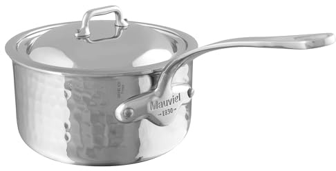 Mauviel M'Elite 5-Ply Hammered Polished Stainless Steel Sauce Pan With Curved Lid, And Cast Stainless Steel Handles, 3.4-qt, Made in France