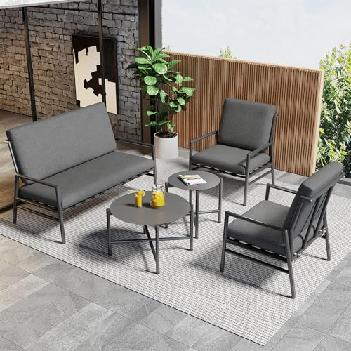 Gartenmöbel Set mit Bequemem Kissen Sitzgruppe Sitzgarnitur, Terassenmöbel Außen Doppelsofa 2 Sessel und 2 runde Couchtische, Outdoor Lounge Möbel Balkonmöbel Set, Gartengarnitur Sitzgarnitur, Grau