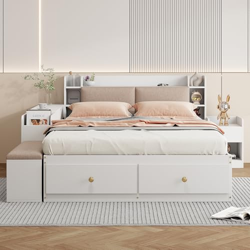 Massivholz-Kombi-Bett 140*200cm, Kopfteil mit eingebautem Staufach, mit Schubladen, mit Nachttisch, mit Stauraum-Langschrank, mit Sofabank, Stauraumbett Doppelbett Stauraumbett Tatamibett, weiß