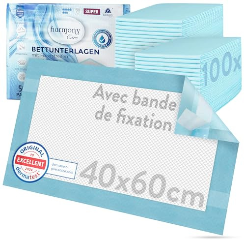 Harmony Care® 100 x Protectores de Cama con Tiras de fijación – 40 x 60 cm absorbentes – Almohadillas Antideslizantes Desechables para incontinencia