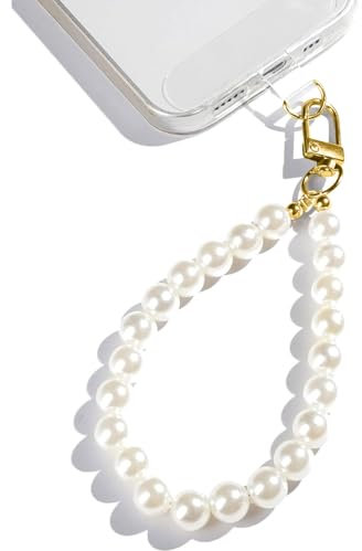 MYGLOAR Chaîne de téléphone Portable Universelle, Dragonne de Téléphone Pierre Perlée, Compatible avec n'importe Quel téléphone Portable, Smartphone et Coque de téléphone Portable-Perles Blanches de