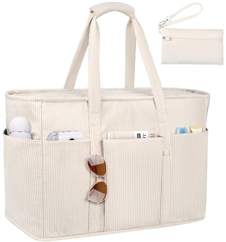 Cord Handtasche Damen Groß Strandtasche XXL Familie Shopper Tasche Tote Bag | Große Saunatasche Damen mit Reißverschluss, Wasserdicht Vielseitige Tote Bag Badetasche für Pendeln Einkaufen Reisen-Beige