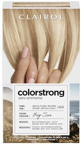 Clairol ColorStrong Permanent Hair Dye, Ammonia‑Free, PPD‑Free, 100% Gray Coverage with Bonding System, 10.0 Extra Light Blonde - Big Sur Hair Color, Pack of 1
