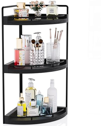 CeleVista Eck-Badezimmer-Organizer, 3-stöckig, Badezimmer-Waschbeckenregal, Arbeitsplatte, Holz-Waschtisch, Hautpflege-Aufbewahrung für Toilettenartikel, Dekoration, Make-up, Kommode (schwarz)