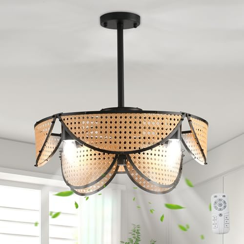 Ganeed Ventilador Techo Boho Jaula con Luz y Control Remoto Ratán Capas Montaje Superficie Ventiladores Techo Luces Colgante Reversible para Dormitorio Cocina Sala Estar Guardería 4 Luces