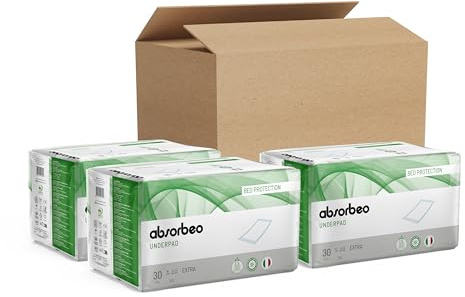 Absorbeo Einweg-Schutzauflagen Extra, Vorratspackung mit 3 Packungen à 30 Stück, atmungsaktive und hypoallergene Saugauflagen für das Bett, Unisex, für Erwachsene, Größe 60x90 cm
