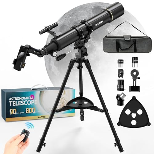Telescopio astronomico per adulti e principianti, apertura 90 mm, rifrattore 800 mm, con ingrandimento 32X-240X, stabile treppiede in ferro, adattatore per smartphone e zaino – per luna, pianeti e