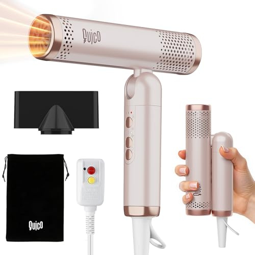 Quico Travel Hair Dryer Dual Voltage, 120000 RPM Brushless Motor Fast Drying Hair Dryers for Women 500 Million Ionic, Thermo-Control Foldable Blow Dryer with Cold, 3 Heat & 3 Speed Settings, Pink