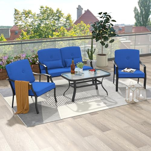 GIANTEX 4 TLG. Gartenmöbel Lounge Set, Gartenlounge Set mit Couchtisch & Gartenbank & 2 Essstühle, Balkonmöbel Set 4 Personen, Garten Sitzgruppe Sitzgarnitur mit Kissen, Terrassenmöbel Gartengarnitur