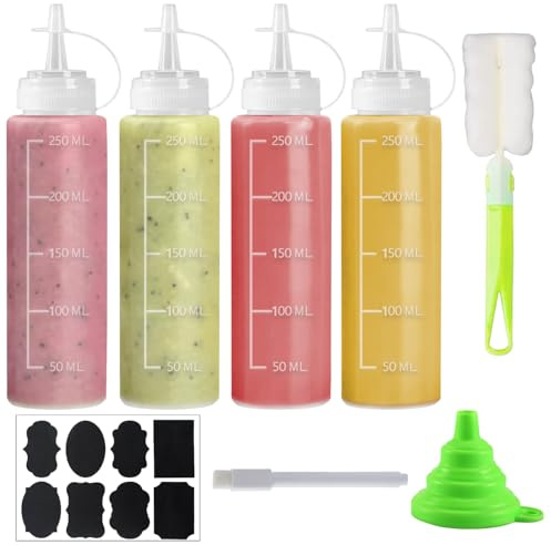 Qcdou Squeeze Flasche, 4 Stück 8oz Quetschflasche Mit Kappen, Saucenflasche 250ml, Kein Leck Condiment Flaschen, Kunststoff Dosierflasche, für Salatdressing, Ketchup, Senf, Olivenöl, Hot Sauce