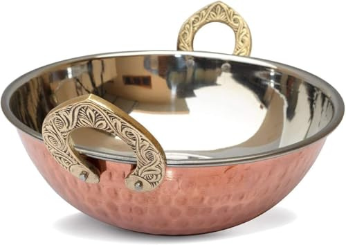 TRV Handicrafts Kadhai - Sartén redonda de acero de cobre martillado con mango de grabado para servir platos en casa, restaurante, hotel, fiesta, festival, paquete de 1 Kadhai