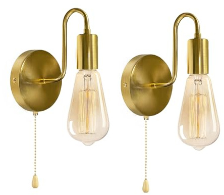 JZCDR 2 Stück Wandlampe mit Schalter E27 Wandleuchte Gold | Vintage Wandleuchte mit Zugschalter Innen Metall Industrial Lampe mit Schalter Wand für Küche Schlafzimmer