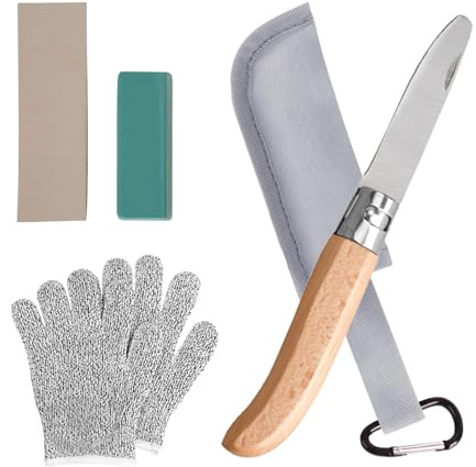 VEGOATY Högkvalitativ barnkniv snideriset, vikbar utomhus fickkniv med trähandtag snidkniv barn från 6 år inklusive skärbeständiga handskar, knivslida snidverktyg