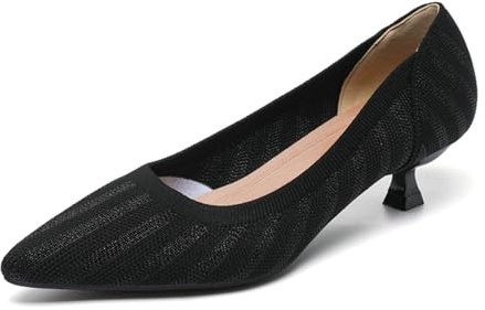 YCALCP Women's Knit Pumps Pointed Toe Kitten Heels Comfortable Slip on Pumps for Women Casual Wedding Dressy Court Shoes, 5 UK Black
