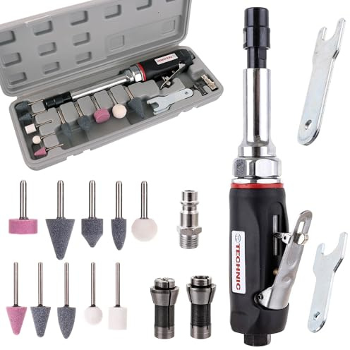 TC TECHNIC - Stabschleifer Set, Luftschleifer Geradschleifer Set mit Accessoires - Satz Schleifsteine in vielen Formen - 6mm und 3mm, Druckluft Schleifgerät - 25.000 Umdrehungen pro Minute