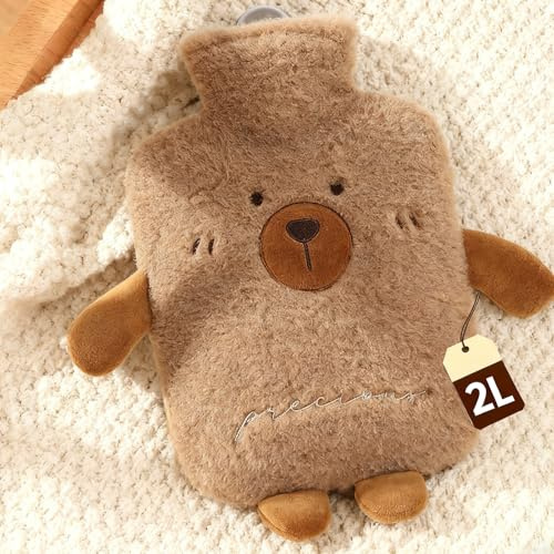 2L Bouillotte Peluche, avec Housse en Poils Détachable, Anti-Fuite | Conservation de Chaleur, Soulager Frissons et Douleurs, Adaptée à Maison, Déplacements et Bureau