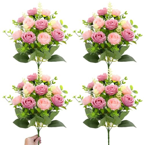 TURNMEON 40 Heads Fake Roses Artificial Flowers for Outdoors Summer Decor, 4 Bouquets UV Resistant Fake Flower Bouquet Faux Silk Roses for Wedding Birthday Party Home Mother's Day Cemetery Decor(Pink)