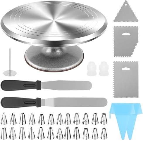 Professional 35-Piece Cake Turntable Set, 12 Aluminium Alloy Rotating Stand with Stainless Steel Spatula, Scrapers & 24 Piping Tips