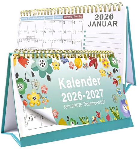 CAIXIANGYU Tischkalender 2026–2027, mit Platz für Notizen (Blume) | 24-Monats-Planer, Doppelspiralbindung, Abreißseiten