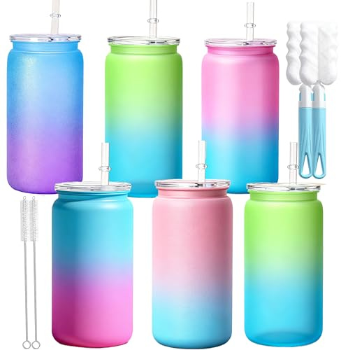 CuppaLifes 500ml Plastic Mason Jars with Lids and Straws, Leak-Proof Reusable Tumblers for Iced Coffee, Cocktails, Smoothies, Juice, Beer, Cold Drinks, 6 Pack (6, Rainbow)
