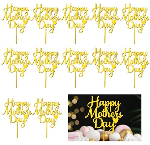 12 Pcs Happy Mother's Day Cupcake Toppers, Gold Heart Love Mothers Day Cupcake Picks Decortions, Cake Toppers for Happy Mother's Festival Theme Party Decorations