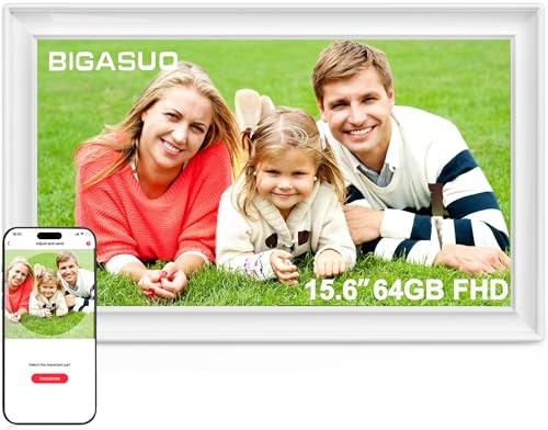 BIGASUO Marco de fotos digital Frameo de 64 GB, 15.6 pulgadas, WiFi, pantalla táctil IPS FHD de 1920 x 1080, blanco, envía fotos desde el teléfono
