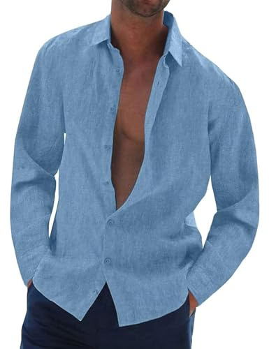 Mens Linen Shirts Long Sleeve Cotton Button Down Hawaiian Beach Shirt | Linen Cotton, Breathable, Lightweight, Summer Shirts for Men, Hawaiian Holiday Wear