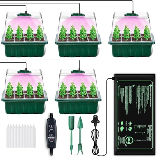 Beheizter Anzuchtkasten mit Wachstumslichtern & Saatgut-Starterschalen-Kit:5 x 12-Zellen-Schalen, wasserdichte Heizmatte, verstellbare LED, Smart Controller - Zimmergewächshaus für Setzlinge