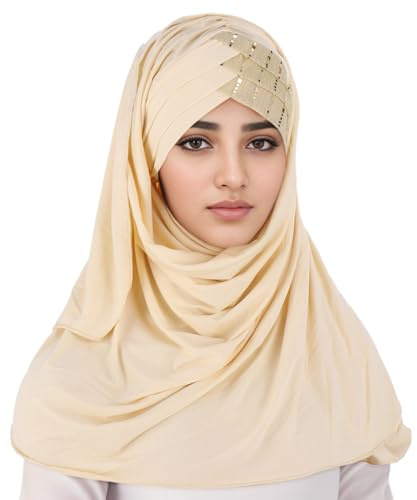 Khimar Hijab Kopftuch für Damen Glitzer Instant Jersey Hijab mit Pailletten für Muslim Frauen Islamische Jilbab Khimar Türkisch Arabische Muslimische Kleidung Ramadan Kleidung Damen