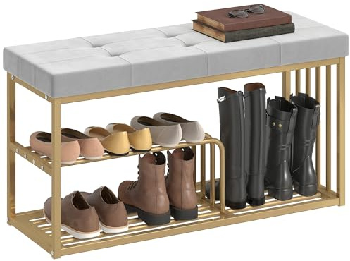 HOMCOM Modern Shoe Storage Bench with Velvet Seat Cushion, Upholstered Tufted Shoe Rack Bench with Storage Shelves and Gold Tone Steel Frame for Entryway, Hallway, Living Room, Bedroom, Grey