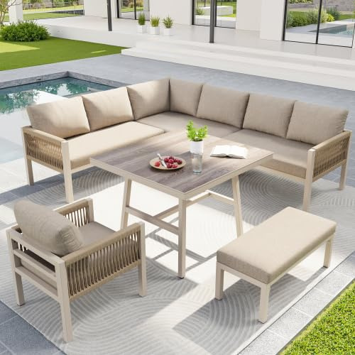Merax L-Form Garten-Sofa für bis zu 8 Personen – Robustes Eisengestell mit beigen Polstern, inkl. 1 Tisch mit Holzoptik-Glasplatte & 1 Sessel – Wetterfeste Terrassenmöbel für Balkon & Garten