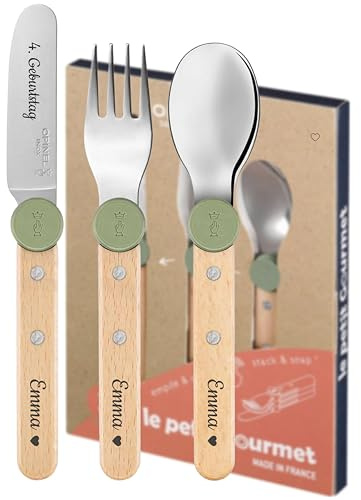 Opinel Le Petit Gourmet Kinderbesteckset mit Gravur– 4-teiliges Edelstahl Kinderbesteck Lernbesteck für Kinder – personalisierbares Besteck Set Geschenk für Kinder Geburtstag Einschulung (Olivgrün)