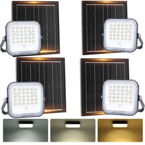 Aigostar - Foco proyector LED solar con mando a distancia，4000mAH，gran panel solar y batería de gran capacidad，regulable 3000/4000/6500K，Función crepuscular，Luz solar para exterior y jardín，4 piezas