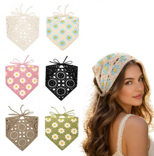 Glamoreal 6 pièces de bandanas pour cheveux crochetés et tricotés – foulards vintage à nouer avec motif de marguerite