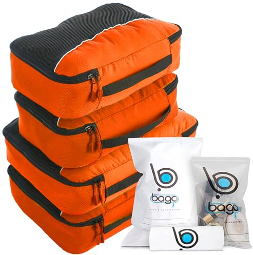 bago 7 Pcs Packing Cubes For Travel - 4 Packing Cube with 3 ZipLock Bags - Travel Cubes to Get Maximum Storage, Save Time & Effort to Pack - Happy Traveling (Orange)