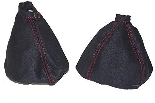 Schaltsack und Handbremsmanschette, schwarzes Wildleder, rote Naht