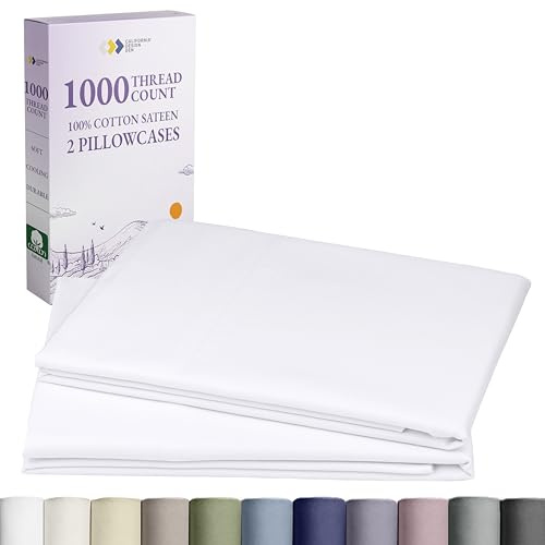 California Design Den Pillow Cases Standard Size Set of 2-1000 Thread Count Sateen, Soft and Thick 100% Cotton Pillowcases Queen/Standard, Durable - White