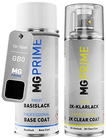 MG PRIME Autolack Spraydose für Opel GB0 / 22Y Onyx Schwarz Metallic +2K | Mineral Black Metallic, Set aus Basislack + 2K Klarlack, Sprühdosen 400ml