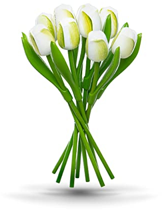 MomoMoments Bouquet di tulipani in legno, 9 tulipani in legno bianco dipinti a mano, altezza 34 cm, regalo, compleanno, decorazione, matrimonio, Made in Holland