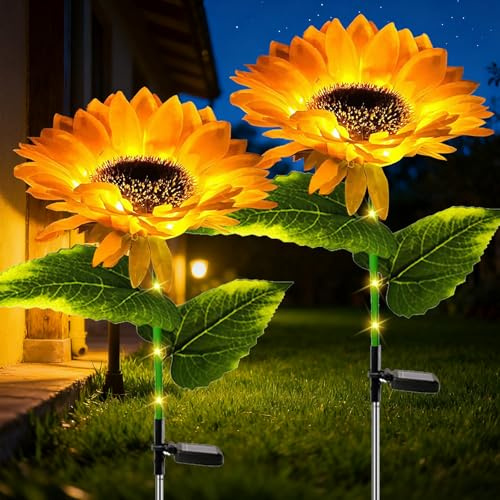 XVZ Solarlampen für Außen Garten, 2 Stück Sonnenblume Solarleuchten, IP65 Wasserdicht Solar Garten Deko Lichter für Patio Rasen Terrassen Balkon Deko - Warmes Licht